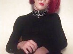 Nerdy redhead trans girl jerks off her huge dick till she cums