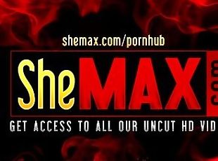 Fruit eating shemale with massive boobs strokes her shecock