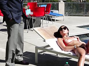 Young babysitter in red string bikini gives an expert level blowjob