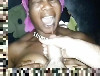 Ebony Haitian ???????? MILF catches huge load of cum from horny white guy in her mouth