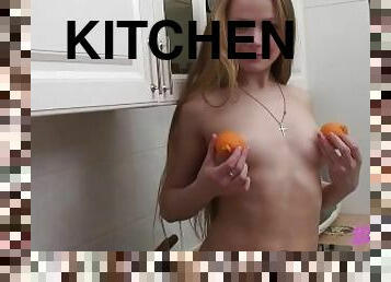 Gorgeous Small Boobed Teen Bianca 19 Undresses And Has Fun In The Kitchen After Washing The Dishes!