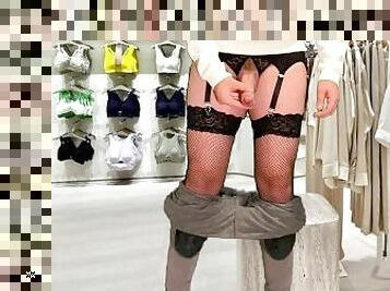 énorme, masturbation, public, transsexuelle, lingerie, attrapée, bite, clignotant