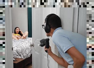 Horny room-mate Mina Moon gets interrupted and fucked balls deep