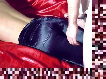 Cum over satin shiny pants