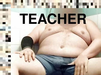 300 pound teacher pisses his pants and takes a golden shower and masturbates while sitting on the shower floor.
