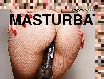 Sounds of Penetration Into Creamy Pussy No Moans PAWG in Pantyhose Rides a Big Ribbed Dildo ASMR