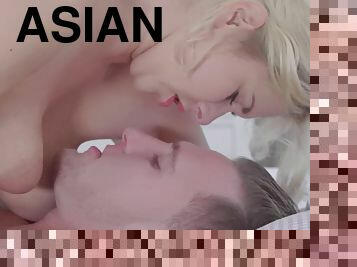 asien, doggy, anal-sex, blasen, wichsen, beule, europäische, blondine, euro, kuh-mädchen