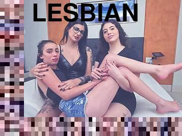 lésbicas, gay, a-três, beijando, fetiche, morena