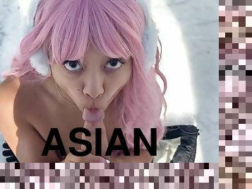 Asian Gives Head Risky Public Sex In Snow And Has Fun Until She gets Caught By Walkers MyAsianBunny - Amateur
