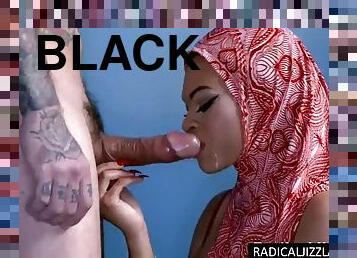 Sloppy black muslim with big tits sucks a big white cock