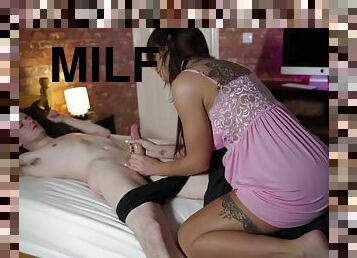 The sluttiest MILF in the neighbourhood fucks a young guy.