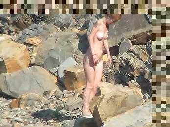 nudista, al-aire-libre, cámara, playa, voyeur, pelirroja, oculto