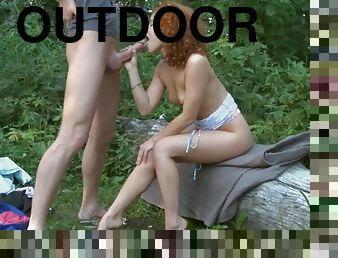 Curly redhead teen fucks step brother outdoor!