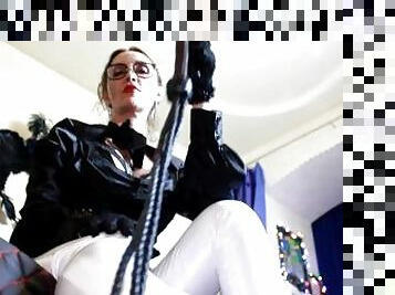 Satin Dress MIstress Eva Latex White PVC Leggins Vinyl Fetish High Heels Gonzo Glasses Hot Domina