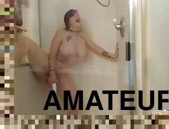 Curvy tattooed bbw dildoing in the shower - she is live at watchbbwcams.com