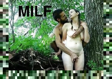 Predicament Play in the Woods: MILF Gets Hairy Pussy Fingered, Then Sucks Hairy Man's Cock