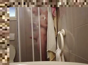 Ugly bald man jerking off in the shower