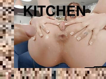 Bigass oiled anal babe fucked in kitchen till cum in mouth