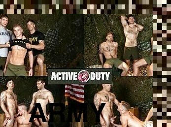 armée, levrette, énorme, ejaculation-sur-le-corps, gay, trio, musclé, bite, militaire