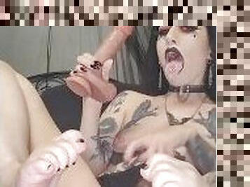 Petite goth slut sloppy dildo blowjob and footjob