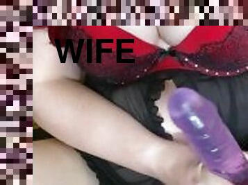 Hotwife playing around with big purple dildo