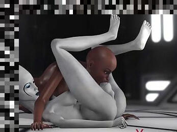 Sexy scifi female alien plays with a black girl in the space station