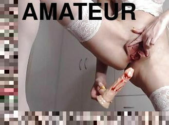 masturbaatio, pillu-pussy, amatööri, pitkät-sukat, tuhma, pikkuhousut, alusasut, tiukka, dildo, soolo