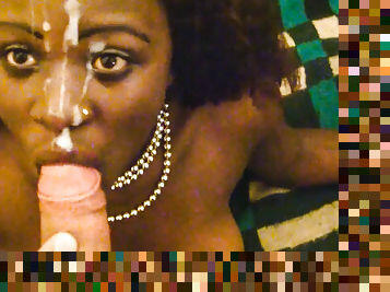 African queen gets double pearl necklace with cumshot facial