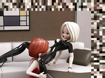 lesbienne, drôle, hentai, 3d, latex