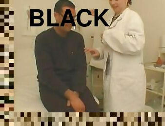 Nurse in black stockings having a blast
