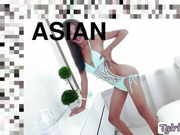 asiatisk, gigantisk, masturbation, shemale, avrunkning, transa, juckande, ensam, bikini, underskön