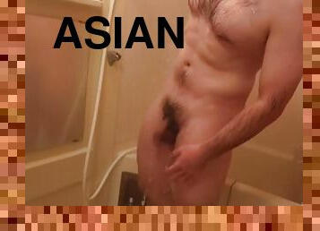 asien, baden, pissen, immens-glied, homosexuell, japanier, fetisch, dusche, allein, tragen