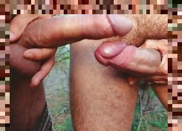 Sword cock fight - Jerking double cocks with awesome cums in a mediterranean forest OUTDOORS