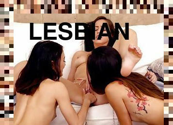 asiatique, orgasme, lesbienne, ados, doigtage, trio