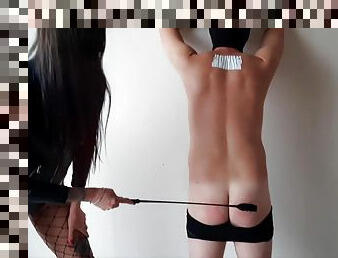 Bdsm. Mistress Punishes Her Disobedient Slave. Back Flogging Bare Ass Spanking
