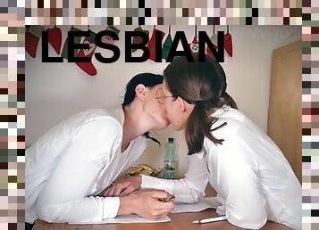 Pigtail lesbians tongue kissing