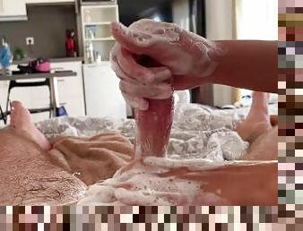 I went too far cleaning his dick, so he ends up with a huge cumshot  ASMR Handjob