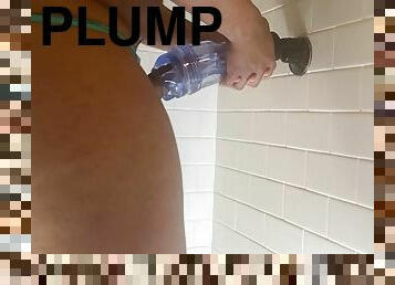 A plump black man moans and fucks with Fleshlight until he cums on a big dick