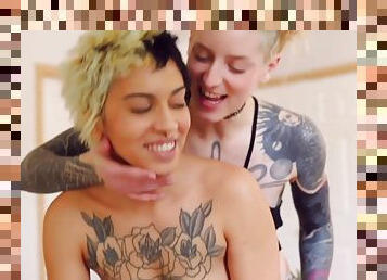 Tattooed Dyke Duo Strapon Fucking After Strapon Sucking