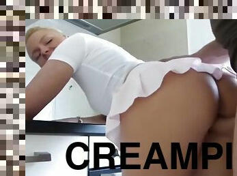 Daughter gets hot creampie from her not dad in kitchen