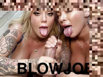 Kali Roses and Hayley Davies Cock Sharing - POV oral threesome blowjob by 2 tattooed blonde babes