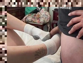 Stepdaughter Tries To Get Her Daddy Hard With Socks And Hands