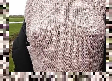 Boobwalk: Walking braless in a pink see through knitted sweater