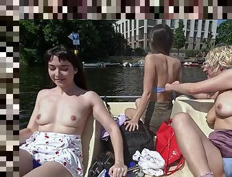 Ersties - 3 lesbians visit the lake topless before having sex