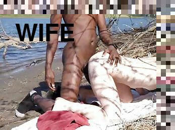 tricherie, en-plein-air, public, femme, amateur, ébène, interracial, hardcore, black, plage