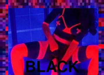 Solo pee masturbation under black light in neon lingerie