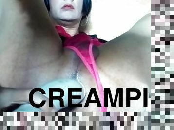 Transvestite with big dildo creampie