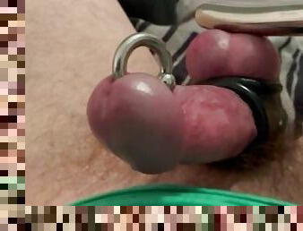 Handsfree Ball Busting Cum Shot Pierced Cock in Oxballs Stretcher