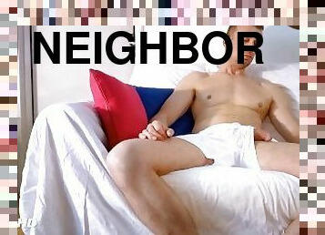 My neighbor made a porn where 2 guys are playing with his body and his big hard cock.