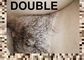 Double creampie dripping from my Hairy MILF pussy and he keeps on fucking me. I'm so lucky!